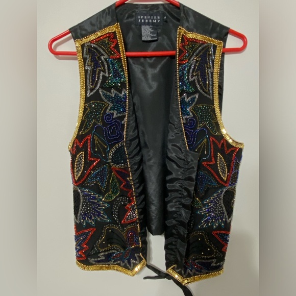 Vintage Spenser Jeremy 90s Leaf Holiday Bead & Embellished Silk Vest Size Small - Picture 6 of 12